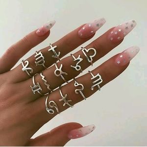 New 12pcs/set 12 Constellation Silver Zodiac Finger Knuckle Ring Set.
